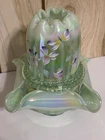 Stunning Fenton Fairy Light Willow Green Opalescent Rib W/ Hand Painted Flowers