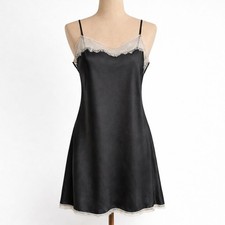 Victorias Secret Satin Slip Dress Size L Black White Lace Lingerie Dark Coquette