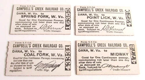 4 Different Vintage CAMPBELL'S CREEK RAILROAD CO. Tickets, West Virginia, WV.,