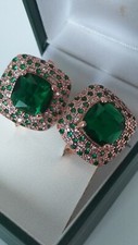Vintage 1990-s 925 Sterling Silver Gilded Large Emerald Earrings - Hallmarked.