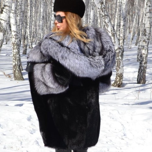 Women's Genuine Mink Fur Coat with Silver Fox Fur Hooded Cuff Outwears Overcoats - Picture 6 of 7