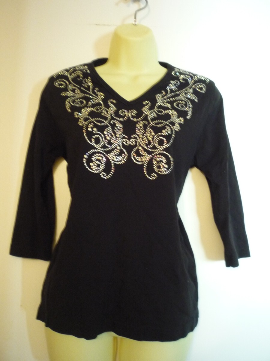 専用② GET LUCKY COTTON KNIT TOP-SZ MED---V NECK--3/4 SLEEVE-BLACK