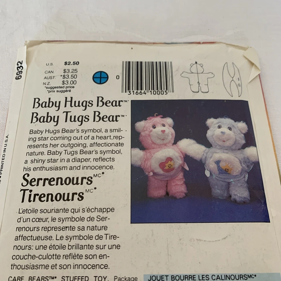 Care Bears Baby Hugs and Baby Tugs Bears Butterick Pattern Uncut New 6932 - Image 2 of 2
