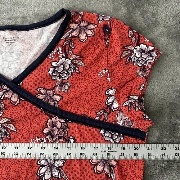 Garnet Hill Green Cotton Tee Shirt Women's size Large Coral Floral Foto 4 de 4