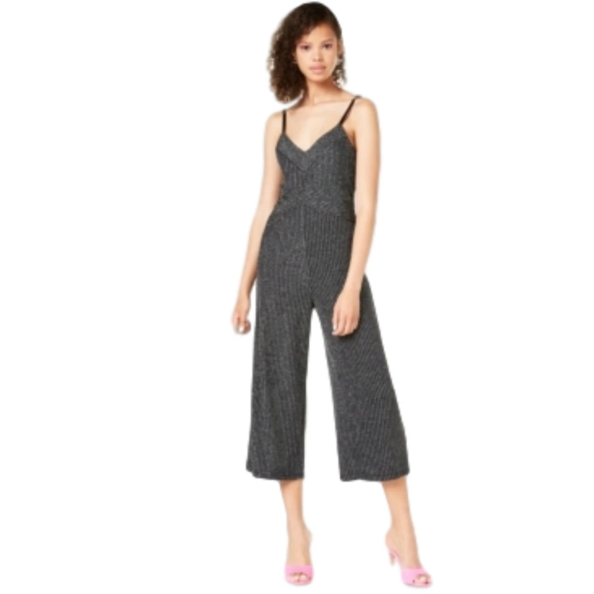 BCX Junior Womens Glitter Stripe Jumpsuit Black Silver Size Small