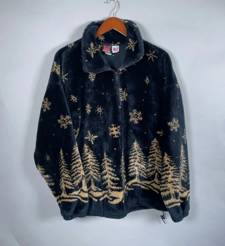 VTG Mazmania Fleece Zip Up Jacket Women's Large Black Beige Trees Snowflakes