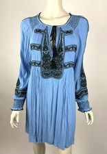 Free People Wind Willow Embroidered V-Neck Mini Dress Women M EUC Long Sleeve