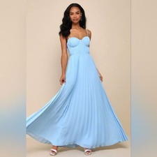 Lulu's Admirable Elegance Light Blue Pleated Bustier Maxi Dress Wedding Party