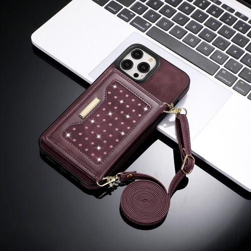 For iPhone 15 Pro Max 14 12 11 XR 8 Diamond Leather Wallet Lanyard Cover Case - Picture 72 of 72