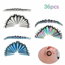 36PCS Ear Stretching Gauges Set Tapers Tunnels Plugs Kit 14G-00G Stainless Steel