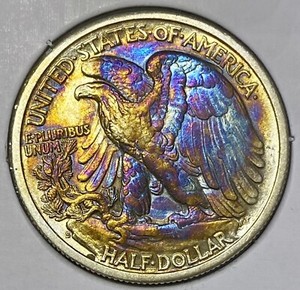 1939-S Walking Liberty Half Dollar. Maybe UNC or AU. Toned.