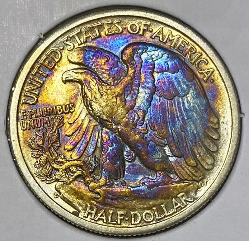 1939-S Walking Liberty Half Dollar. Maybe UNC or AU. Toned.