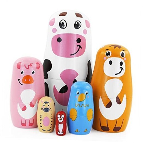 Set of 6 Farm Animal Nesting Dolls Cow Cattle Pig Chick Horse Bird