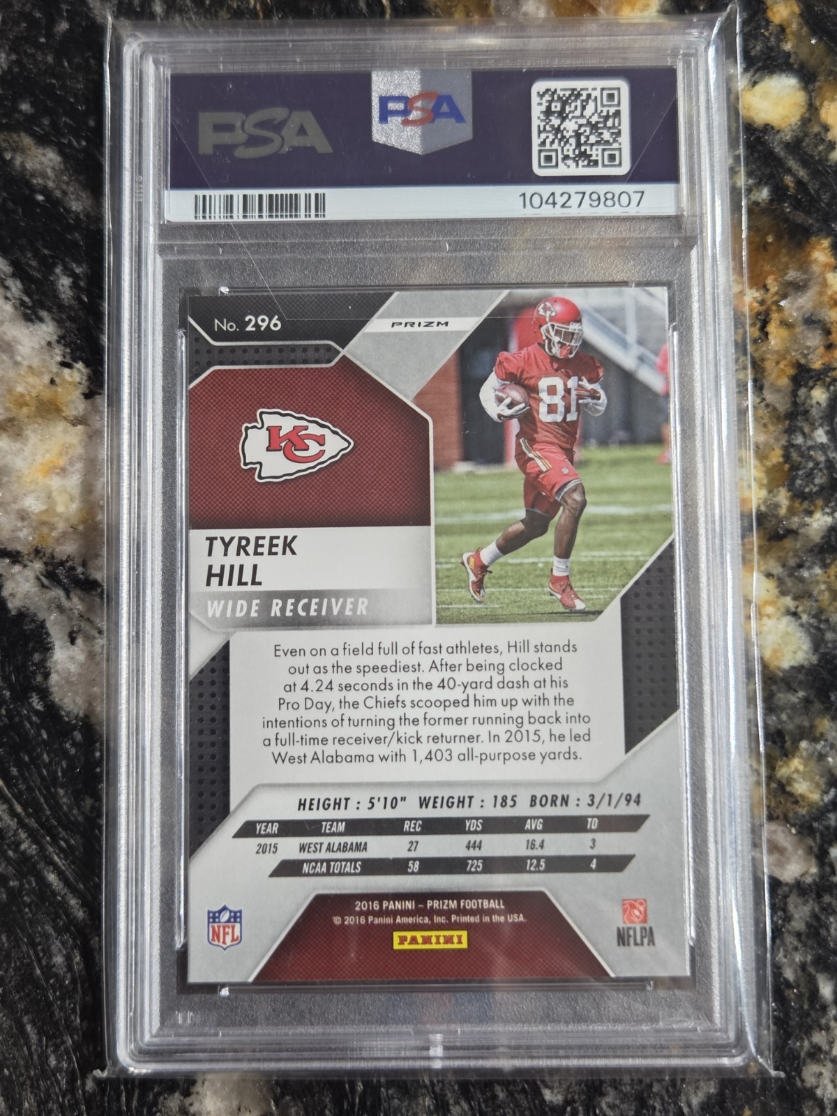 2016 Tyreek Hill RC #296 Panini Silver Prizm PSA 10 Gem Mint! view 2