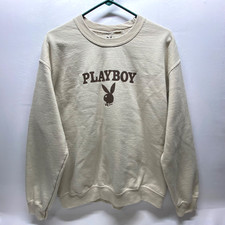 Playboy Sweatshirt Unisex Medium Oatmeal Beige LS Pullover Crewneck Fleece EUC
