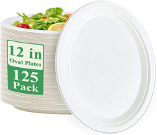 Vplus 100% Compostable Oval Paper Plates 12 inch 125 Pack Super Strong Disposabl