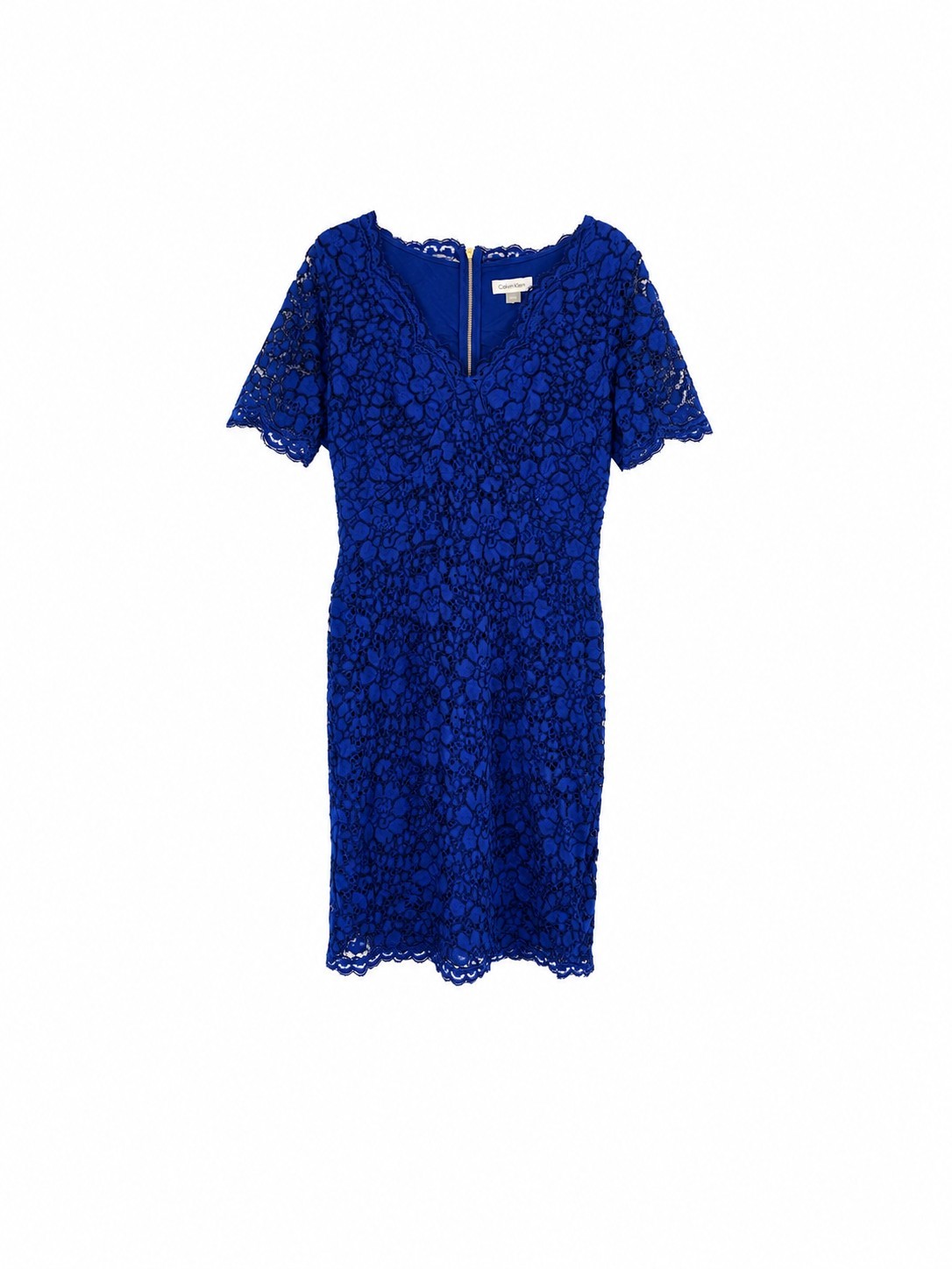 Vestido de noche de cóctel de encaje azul real Calvin Klein para mujer Reino Unido 10 manga corta