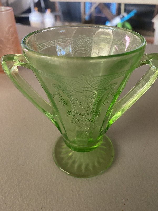 Lorain Basket Green OPEN SUGAR Bowl Indiana Uranium Depression Glass Glows!