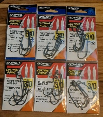 Owner 5102-131 Offset Worm Wide Gap Size 3/0 Fishing Hooks Qty. 5 X 6 Packs 