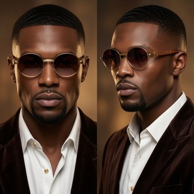 Round Sunglasses Gold Frame Brown Gradient Lens Wood Arms Men's Shades Hip Hop