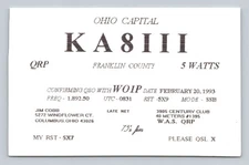 Ham Radio QSL KA8III Ohio USA 1993 QSO with WO1P 5 Watts QRP SSB