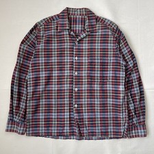 Vintage 50s 60s Loop Collar Cotton Plaid Rockabilly Shirt Size Medium