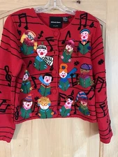 VTG Michael Simon Musical Christmas Singing Carolers AOP Sweater Cardigan M Red