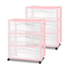 Sterilite Wide 3 Drawer Storage Cart, Plastic Rolling Organization, Pink, 2 Pack
