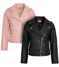 Girls Biker Jacket Faux Leather Black Pink Age 10 9 8 12 13 7 11 14 6 Years