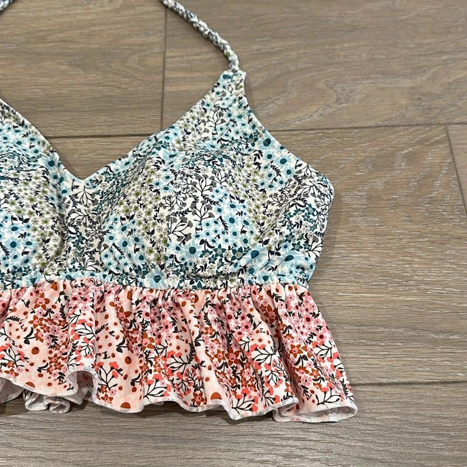 DOWNEAST Cream Pink Blue Green Floral V Neck Halter Tie Tankini Swim Top Size M - Image 4 of 4