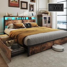 DUJAHMLAND Full Queen King Bed Frame with Charging and LED Headboard, 4 Drawers