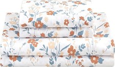 Floral Queen Sheet Set Orange Flower Printed Bed Sheets 4 Piece Soft Microfiber
