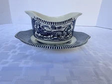 Royal China Currier & Ives Blue Gravy Boat & Underplate Set Vintage USA