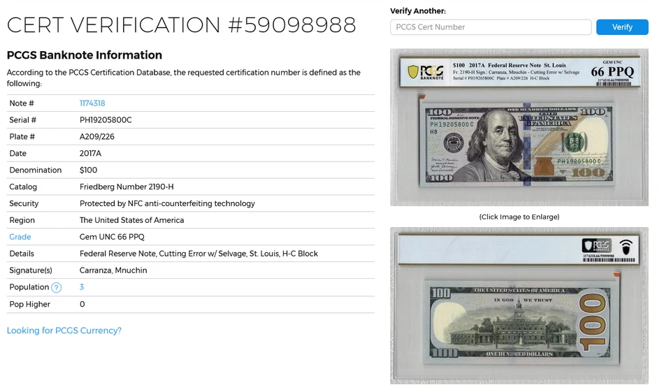 $100 2017A Cutting Error w/ Selvage, St. Louis, PCGS 66 PPQ TOP POP. PH19205800C - Image 3 of 3