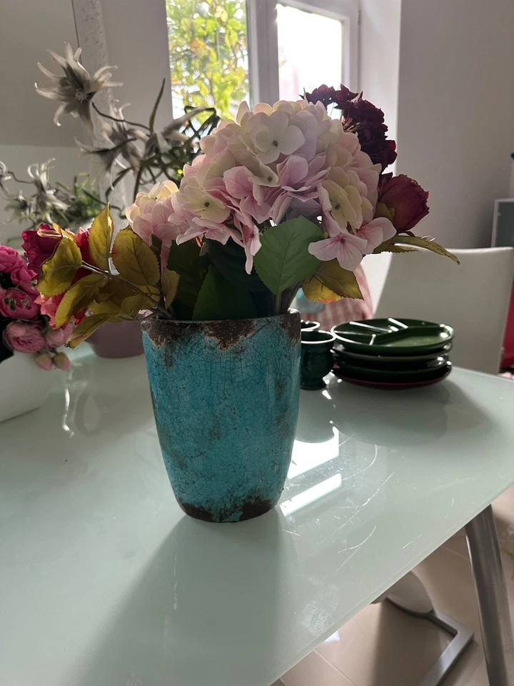 Türkise  Vase used vintage look Blumenvase schwer , glasiert - Bild 2 von 4