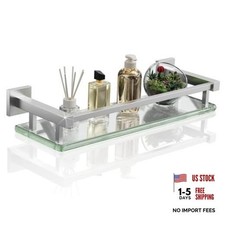 Bathroom Glass Shelf with Stainless Steel Railing Small 16 Inch Brushed Nickel