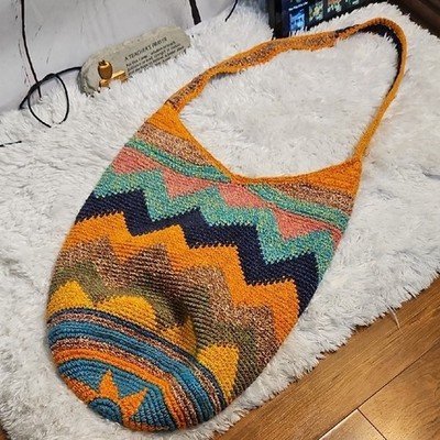 Crochet Hobo Bag Shoulder Bag Chevron Colorful Handmade Hippie Boho Purse
