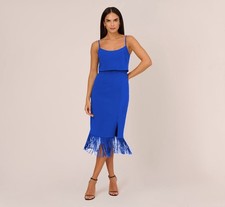 New Aidan by Adrianna Papell Size 2 Blue Fringe Hem Midi Sheath Cocktail Dress