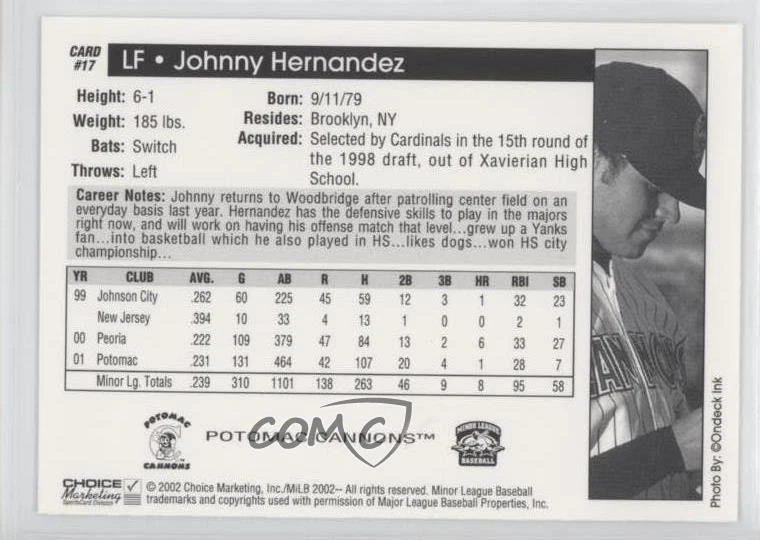 2002 Choice Potomac Cannons Johnny Hernandez #17 - Image 2 of 2