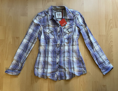 Esprit Damen Bluse Gr. 36 lila/weiß kariert Langarm Kragen Knopf