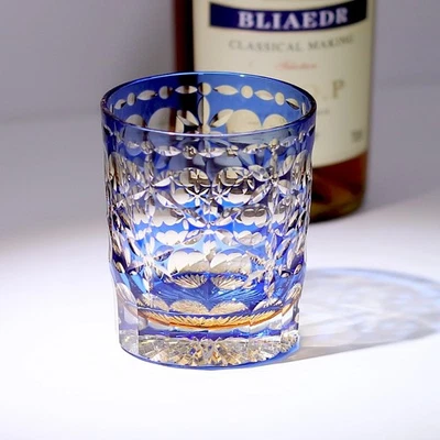 JINZHI Japanese Edo Kiriko Glasses Hand Cut Crystal Whiskey Glas Artwork Blue 240ml 1PC