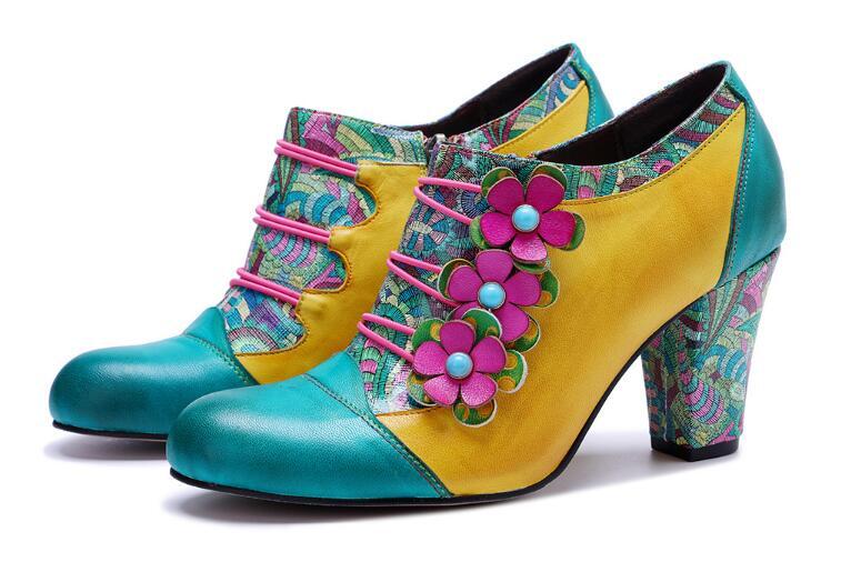 Women's Lace up Round Toe Block Heels color splicing Floral Party Leather Shoes