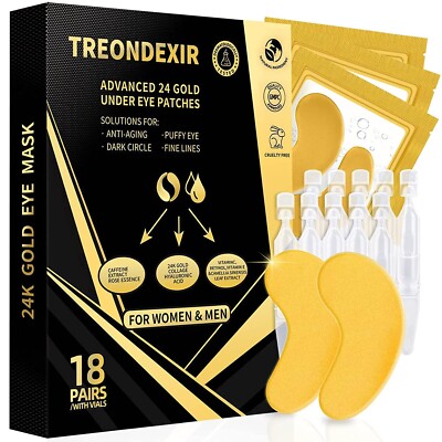 24K Gold Under Eye Patches for Puffy Eyes Treatment 18 Pairs w/ Serum Vials.