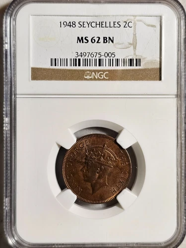 Seychelles 2 Cents 1948 NGC MS 62 BN