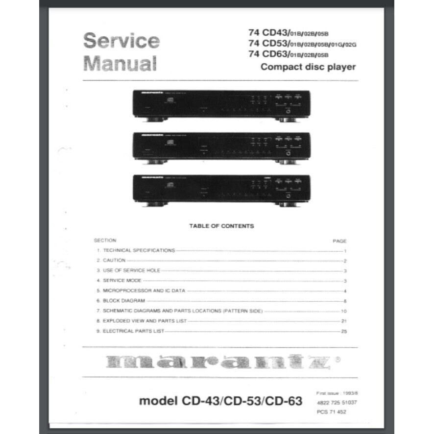Marantz CD-43/53/63 CD Player Service Manual 20 Pages