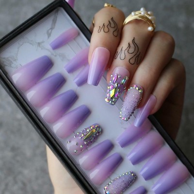 Purple Lavender Coffin Acrylic Salon False Nails Crysta Fake Nails Various Colou Ebay