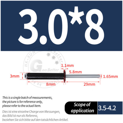 POP RIVETS ALUMINIUM BODY STEEL MANDREL OPEN END DOME HEAD 2mm 2.4mm 4mm - 6.4mm - Picture 123 of 174