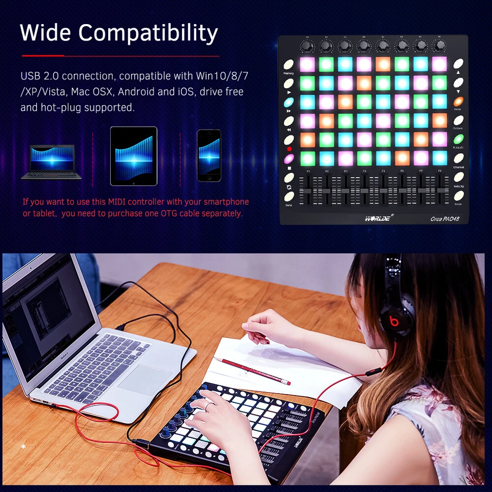Worlde ORCA PAD48 Portable USB MIDI Drum Pad DJ Controller 48 Pads RGB Backlit - Bild 4 von 4