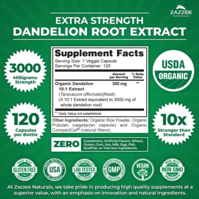 Zazzee USDA Organic Dandelion Root 10:1 Extract, 3000 mg Strength