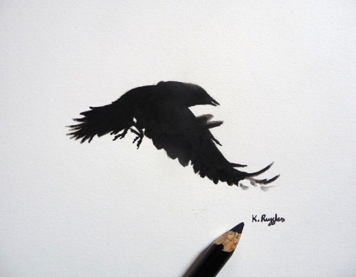 Original crow charcoal pencil drawing in oak frame with acrylic glazing 6" x 6" - Picture 2 of 5